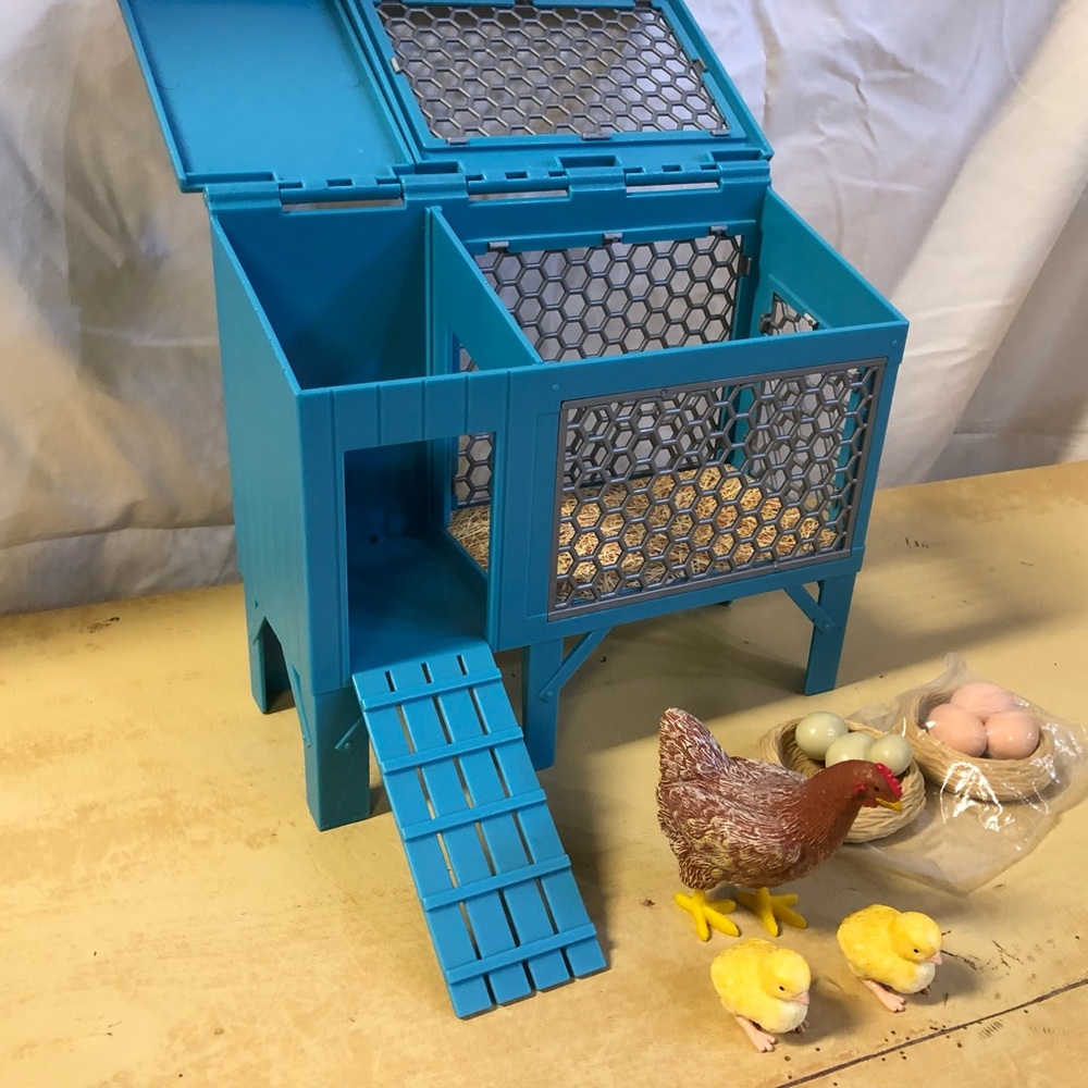 American Girl Blue Chicken Coop Toy Set with Hen and Chicks and eggs